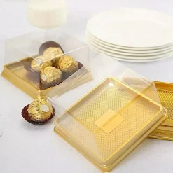 Clear Gold 50 Square 4" Plastic Mini Dessert Favor Boxes Cupcake Holders Party