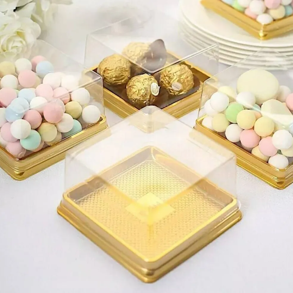 Clear Gold 50 Square 4" Plastic Mini Dessert Favor Boxes Cupcake Holders Party