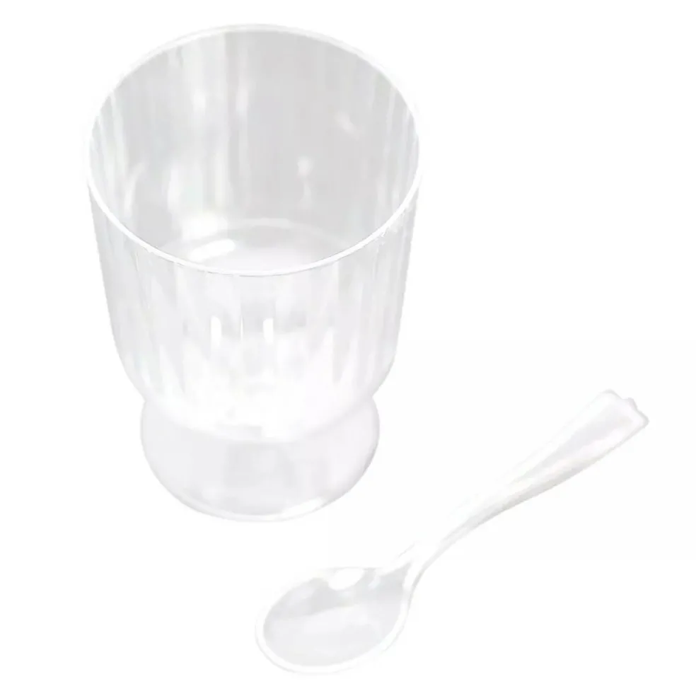 24 Clear 5 oz Ribbed Round Plastic Dessert Cups Spoons Set Party Events Supplies