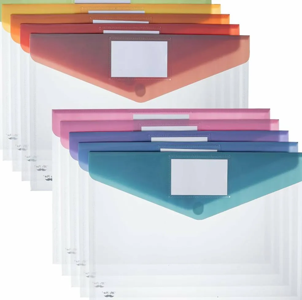 Clear Plastic Envelopes with Snap Closure (Multiple Colors) 10 Pack A4