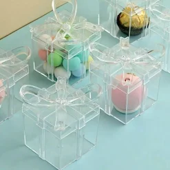 12 Clear 3" Square Bow Top Design Favor Boxes Gift Holders Party Decorations
