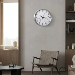 Clockswise Non-Ticking Quartz Wall Clock with Thermometer & Hygrometer - Battery Operated Aluminum Analog Clock for Temperature & Humidity Monitoring - Ideal for Home, Office or School, Silver