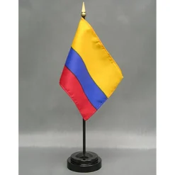 Colombia Desk Flag with Base; American Made Rayon 4x6 inch Miniature Table Set Includes One Small Mini Country Stick Flags and One Black Stand