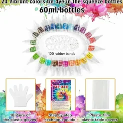 24-Color Tie Dye Kit – DIY Fabric Dye Set for Shirts, Clothes, and Accessories. Includes Rubber Bands, Gloves, Plastic Film, and Table Covers – Fun Art Activity for Kids, Adults, Family & Group Parties