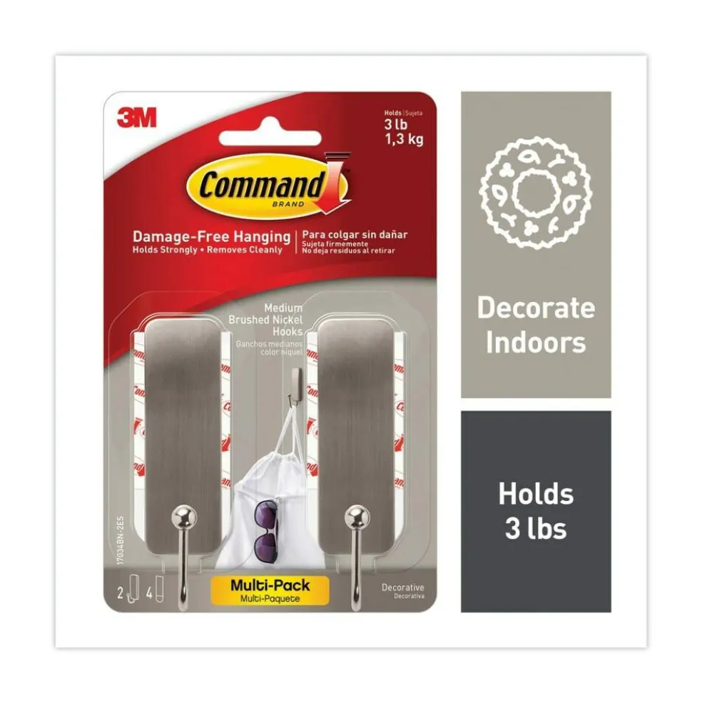 Command 3 lbs. Capacity Metal Decorative Hooks - Medium Brushed Nickel (2/Pack)