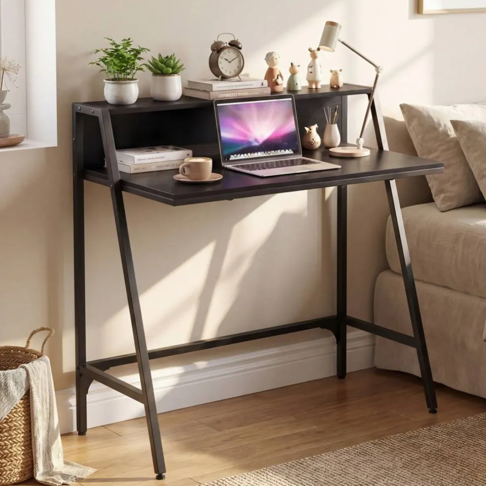 Compact Office Desk with Storage Shelf, Small Laptop Desk for Home Office Study Gaming, Industrial Style Writing Table