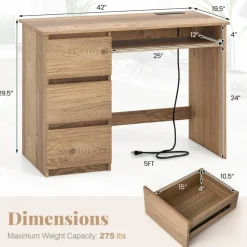 Computer Desk with Power Outlet Keyboard Tray and 3 Large Drawers