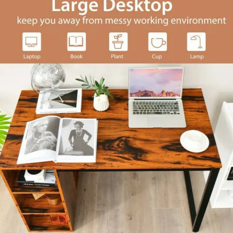 Computer Desk with 5 Side Shelves and Metal Frame