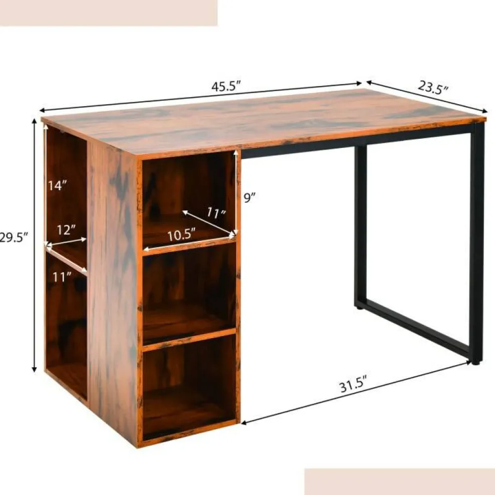 Computer Desk with 5 Side Shelves and Metal Frame