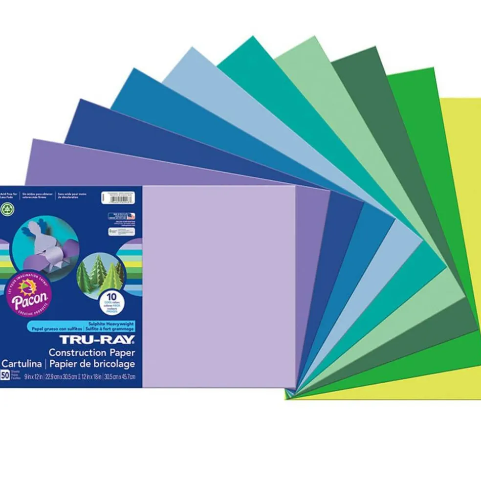 Construction Paper, Cool Assorted, 12" x 18", 50 Sheets