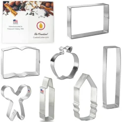 CookieCutter.com Back To School 7 Piece Cookie Cutters Set, Crayon, Scissors, Chunky Pencil, Apple with Leaf, Book, Tin Plate Steel, USA