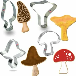 CookieCutter.Com Brand Mushroom 4 Pc Set. USA Tin Plate Steel. 4 in Morel, 3.25 in Chanterelle, 3.25 in Shitake, and 3.25 in Button