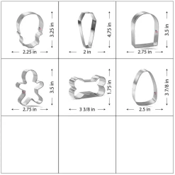 CookieCutter.com 6 Piece Halloween Spooky Graveyard Cookie Cutter Set Tombstone, Coffin, Skull, Candy Corn, Dog Bone, Skeleton, Metal Shapes Made in USA, Silver