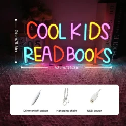 Cool Kids Read Books Neon Sign – 20" LED Reading Corner Light for Classroom, Library & Book Nook Decor, Dimmable USB-Powered Neon Wall Sign for Kids Room, Teen Bedroom & Book Club Gifts
