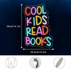 Cool Kids Read Books Neon Sign LED Wall Decor, Dimmable USB Library Reading Room Light Up Sign for Classroom Bedroom Study Corner Decor