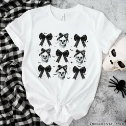 Coquette Skulls and Bows T-Shirt, Gothic Halloween Tee for Stylish Women