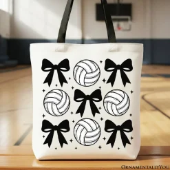 Coquette Volleyball Bows Canvas Tote Bag, Cute Athletic Sports Game Day Gift Shopper