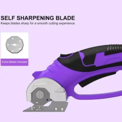 Cordless Electric Scissors with LED Light, 4V Rechargeable Self-Sharpening Rotary Cutter for Fabric, Cardboard, Leather & Carpet, 340 RPM Heavy Duty Craft Tool with Safety Lock (Purple)