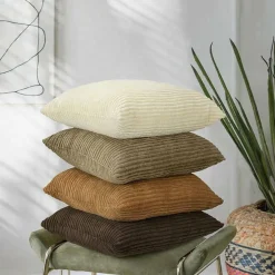 Corduroy Throw Pillow Covers 18x18, Set of 4 Multi-Color Matching Square Soft Throw Pillow Cases Modern Stripes Couch Pillows for Living Room Home Bedroom Sofa Car Office Decor, 45x45cm/Brown