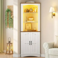 Corner Cabinet with LED Light Storage Farmhouse White Walnut