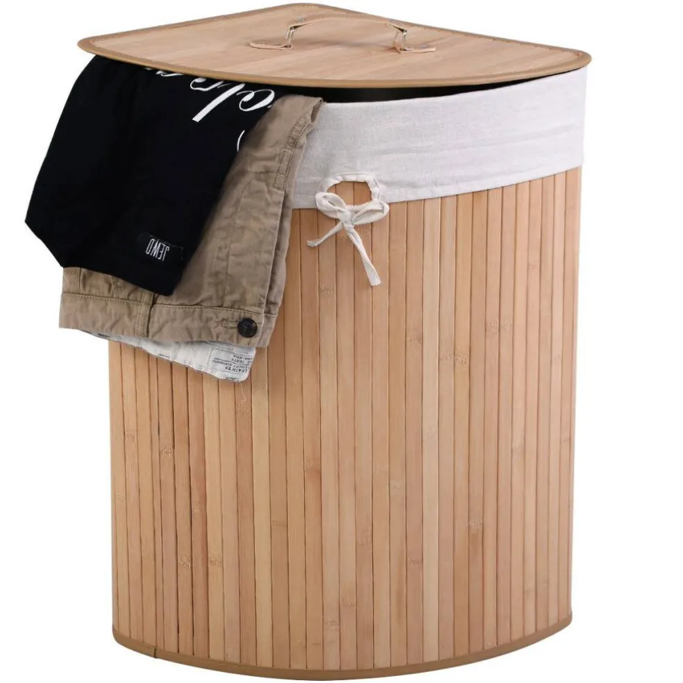 Corner Laundry Hamper Basket with Lid Removable Liner Wicker Black