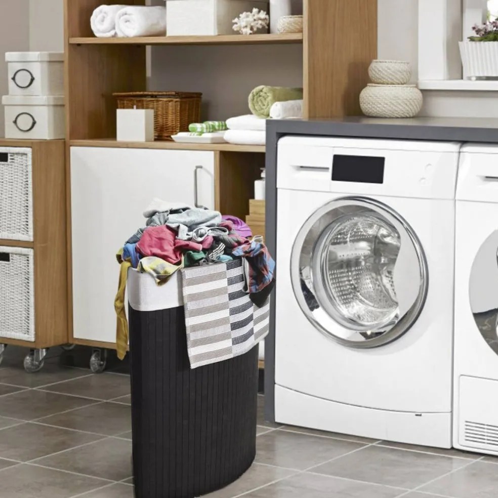 Corner Laundry Hamper Basket with Lid Removable Liner Wicker Black