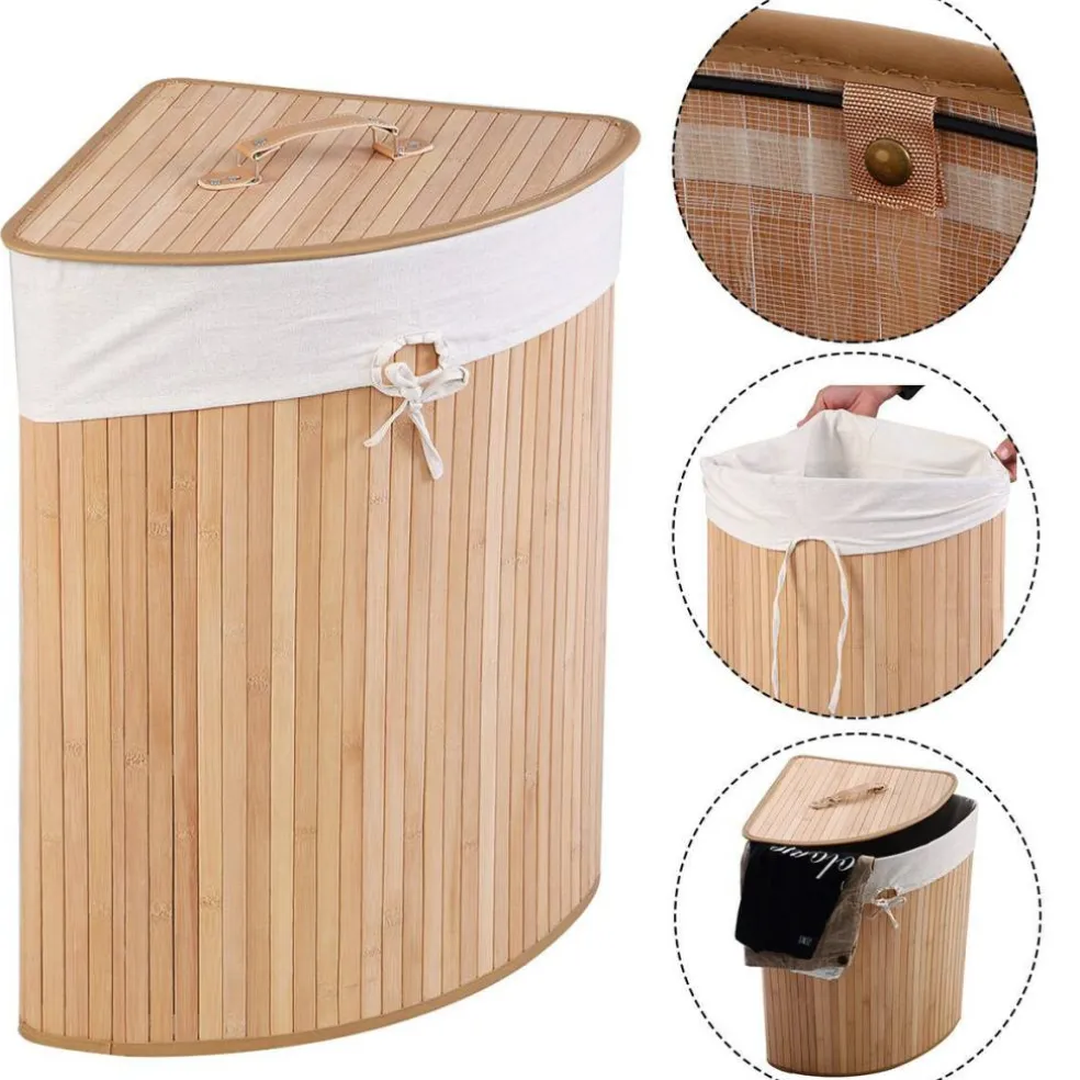 Corner Laundry Hamper Basket with Lid Removable Liner Wicker Black