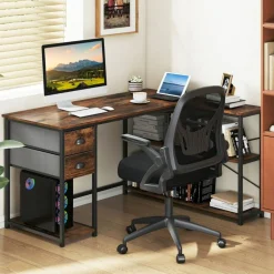 Corner L-Shaped Computer Desk with Charging Station USB Type C and Outlets, Home Office Writing Table with Fabric Storage Drawers and Metal Frame Desk