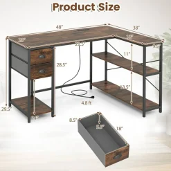 Corner L-Shaped Computer Desk with Charging Station USB Type C and Outlets, Home Office Writing Table with Fabric Storage Drawers and Metal Frame Desk