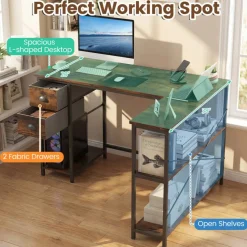 Corner L-Shaped Computer Desk with Charging Station USB Type C and Outlets, Home Office Writing Table with Fabric Storage Drawers and Metal Frame Desk