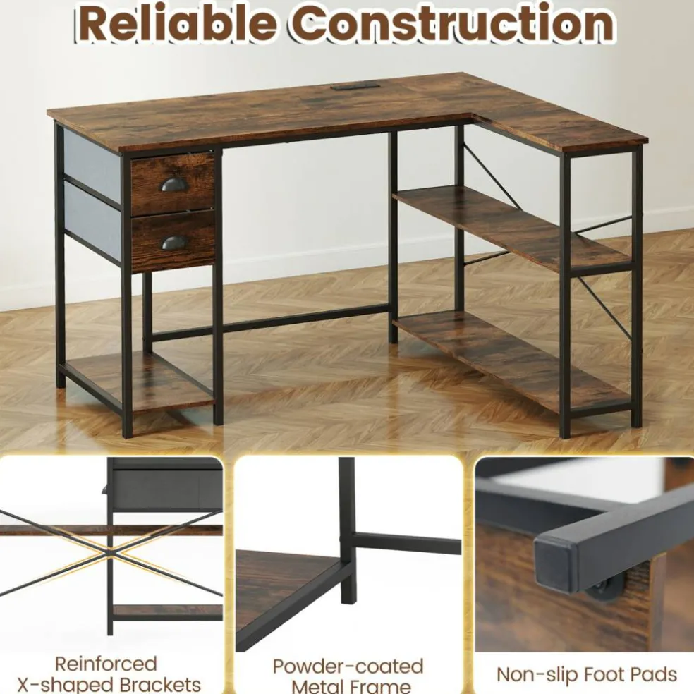 Corner L-Shaped Computer Desk with Charging Station USB Type C and Outlets, Home Office Writing Table with Fabric Storage Drawers and Metal Frame Desk
