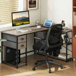 Corner L-Shaped Computer Desk with Charging Station USB Type C and Outlets, Home Office Writing Table with Fabric Storage Drawers and Metal Frame Desk
