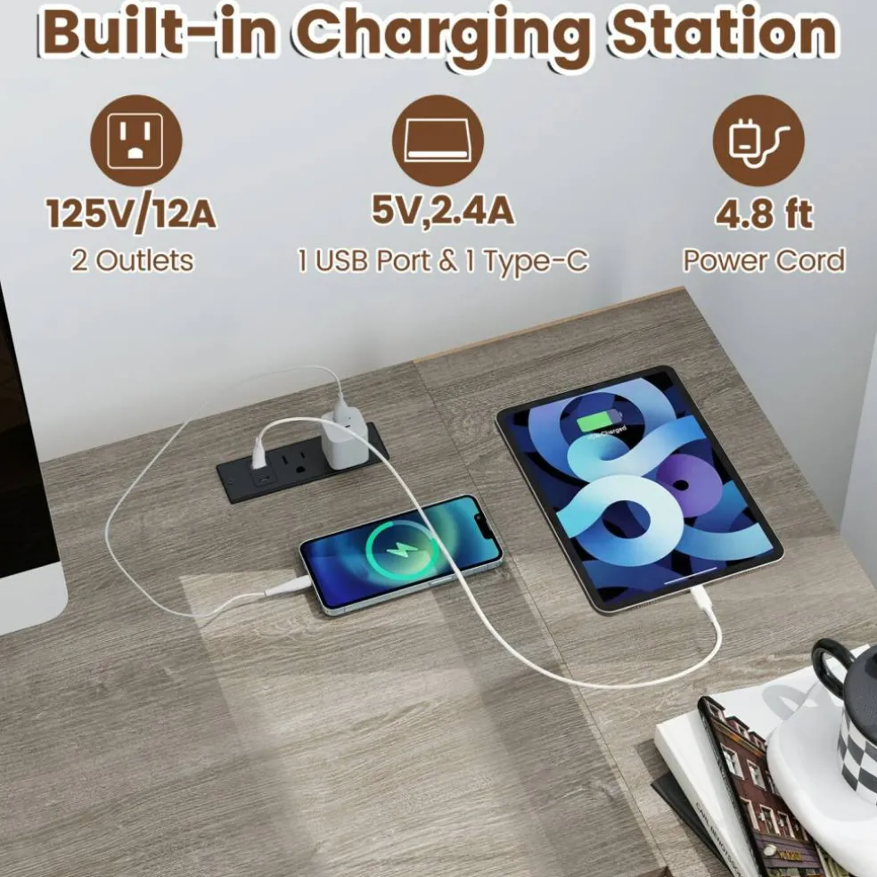 Corner L-Shaped Computer Desk with Charging Station USB Type C and Outlets, Home Office Writing Table with Fabric Storage Drawers and Metal Frame Desk