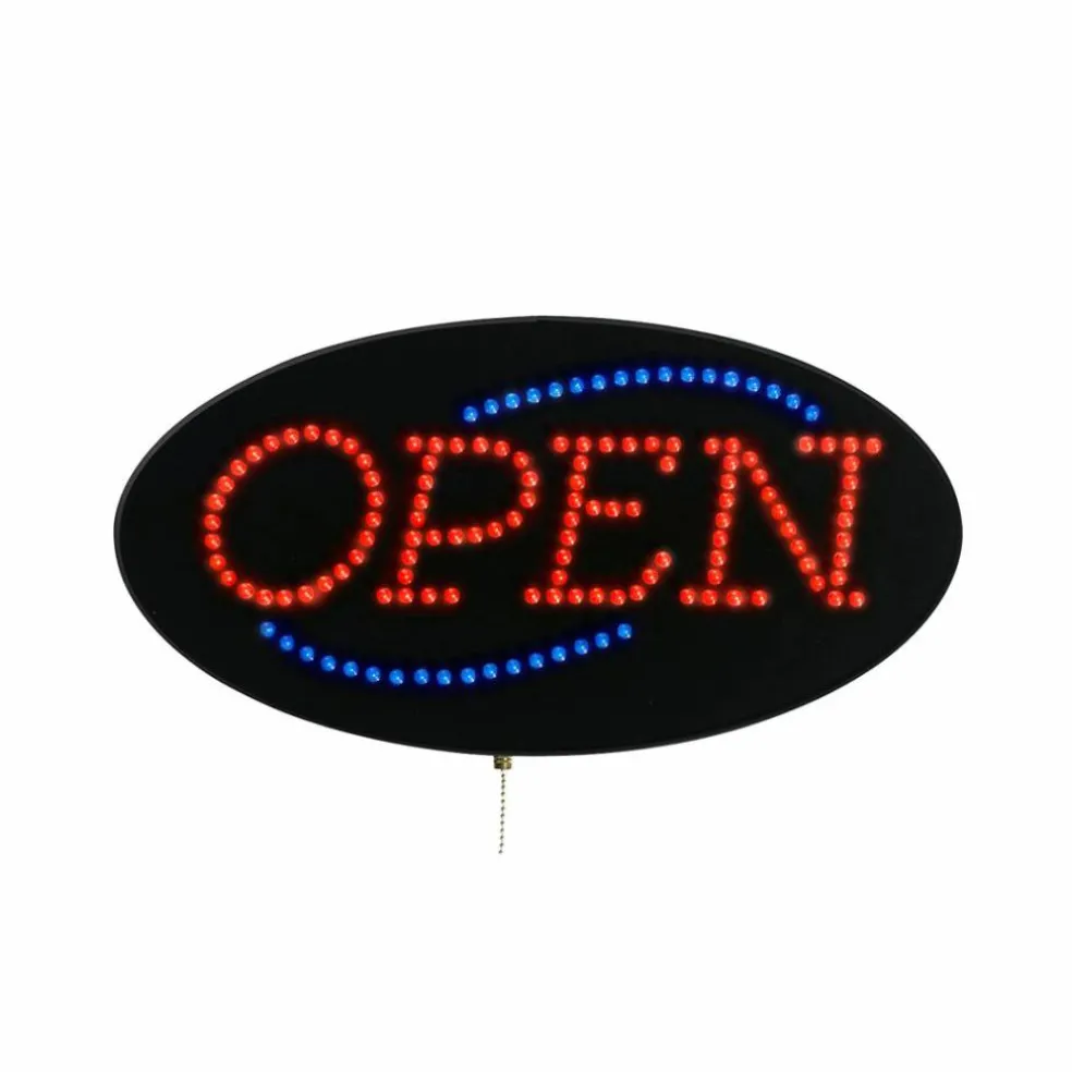 COSCO LED "Open" Lighted Sign, 9.5"H x 19"W x 2"D, Black With Red/Blue Lights