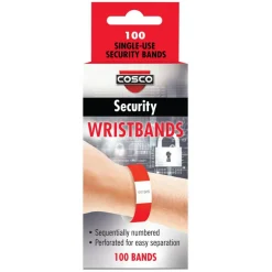COSCO Security Wristband, Tamper Resistant, 10" x 3/4", Red, 100 bands (20 perforated sheets of 5 bands each)