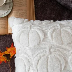 COSIBONO Pumpkin Fall Decorative Throw Pillow Covers 18"x18", Set of 2 Cream White Soft Faux Fur Pillow Covers for Autumn Harvest, Fluffy Plush Accent Pillow Cases for Farmhouse Couch Cushion Covers