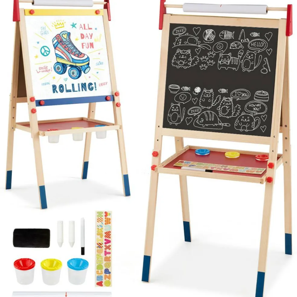 Costway All-in-One Wooden Kid's Art Easel Height Adjustable Paper Roll