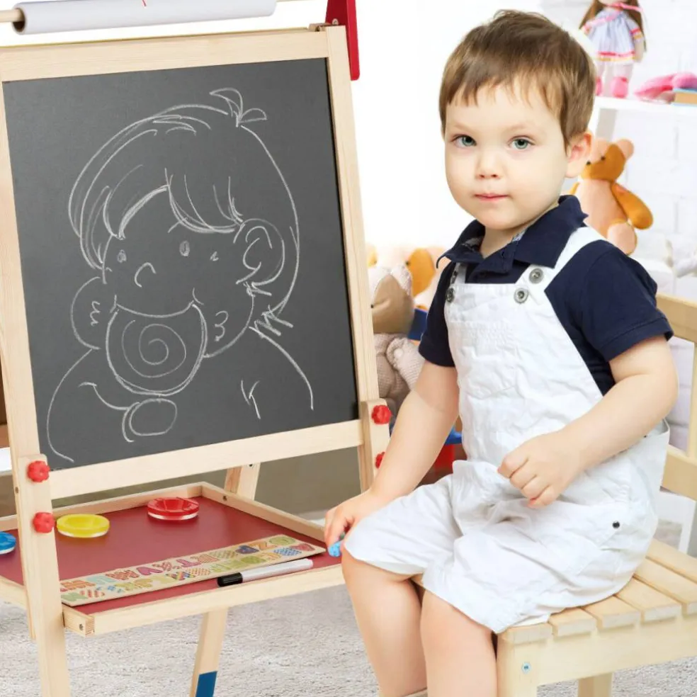 Costway All-in-One Wooden Kid's Art Easel Height Adjustable Paper Roll