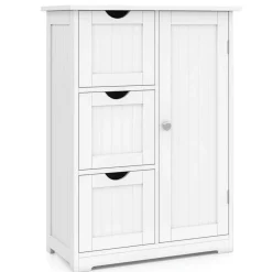 Costway Bathroom Floor Cabinet Side Storage Cabinet with 3 Drawers and 1 Cupboard Grey Black