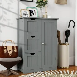 Costway Bathroom Floor Cabinet Side Storage Cabinet with 3 Drawers and 1 Cupboard Grey Black