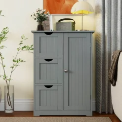 Costway Bathroom Floor Cabinet Side Storage Cabinet with 3 Drawers and 1 Cupboard Grey Black