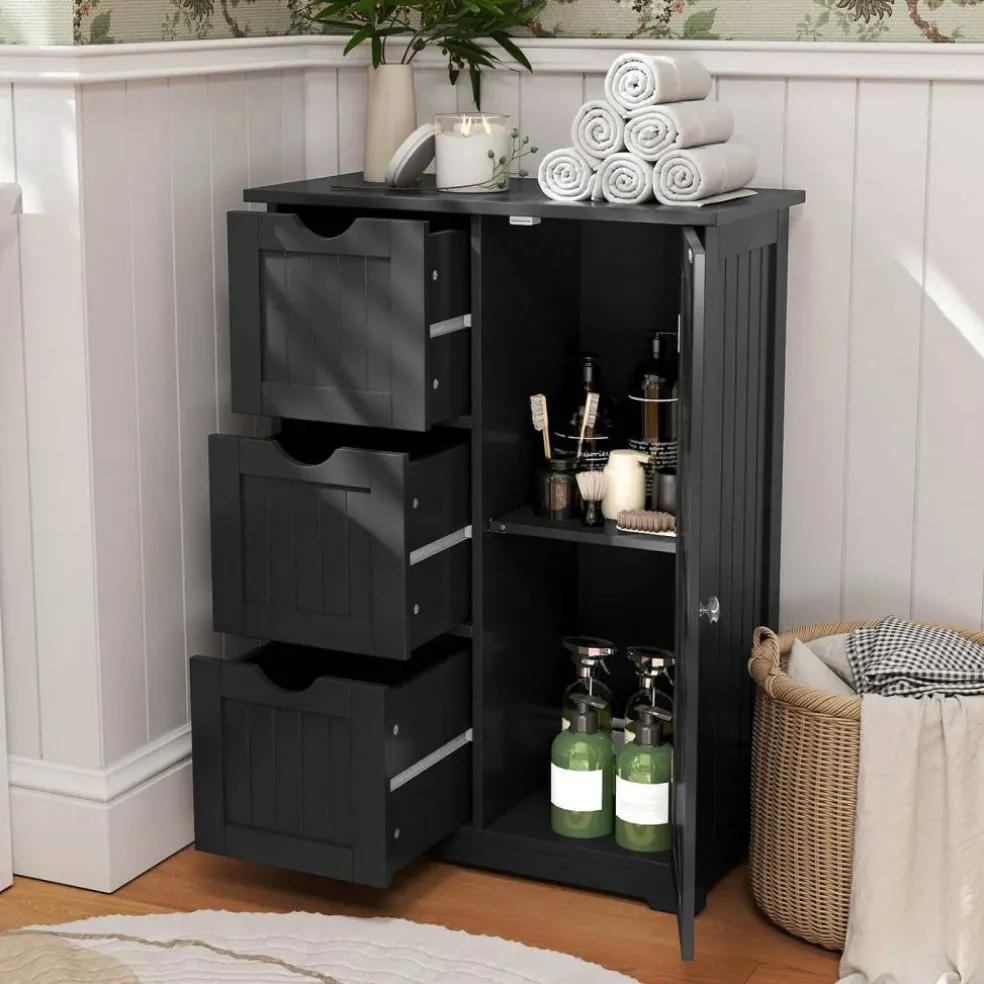 Costway Bathroom Floor Cabinet Side Storage Cabinet with 3 Drawers and 1 Cupboard Grey Black