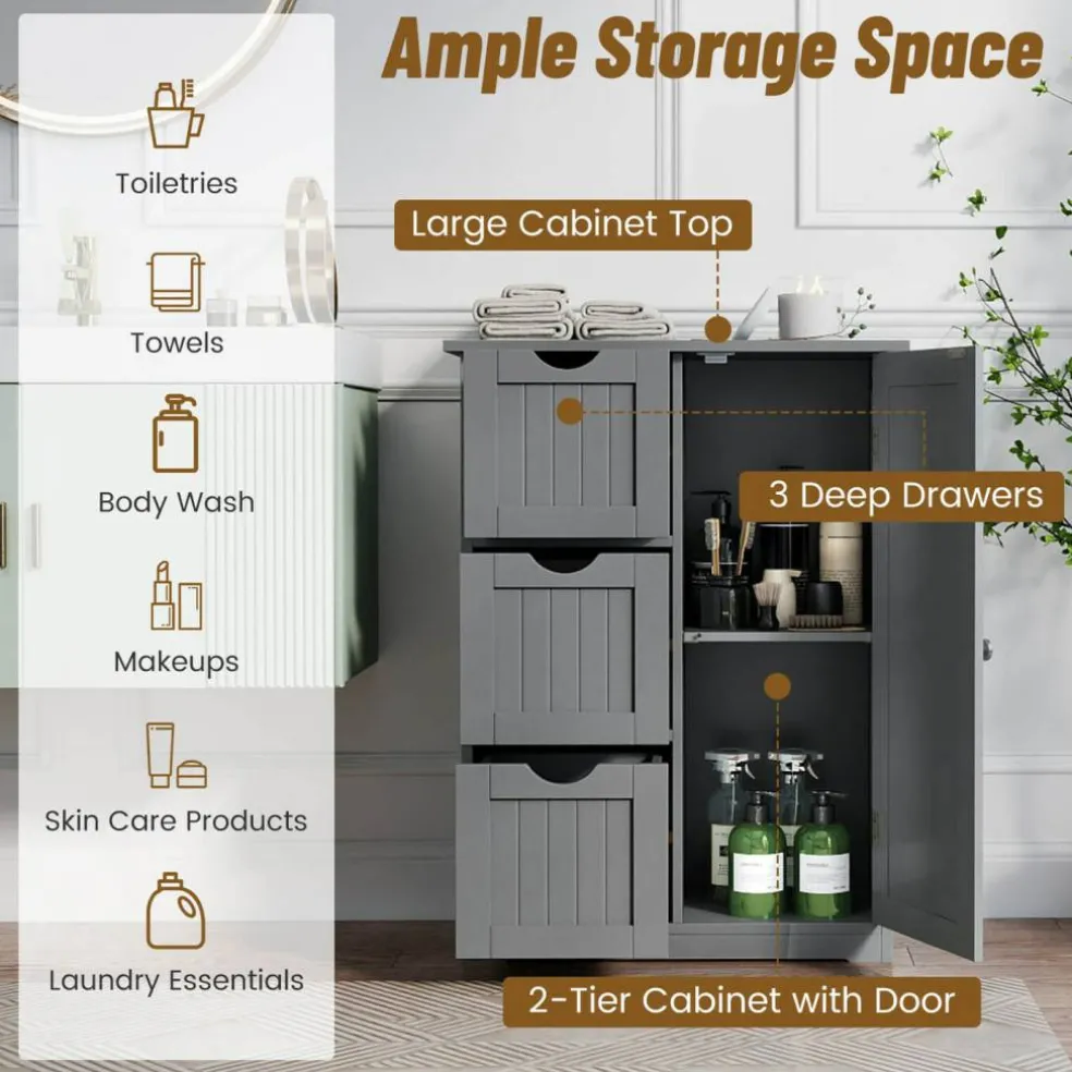 Costway Bathroom Floor Cabinet Side Storage Cabinet with 3 Drawers and 1 Cupboard Grey Black