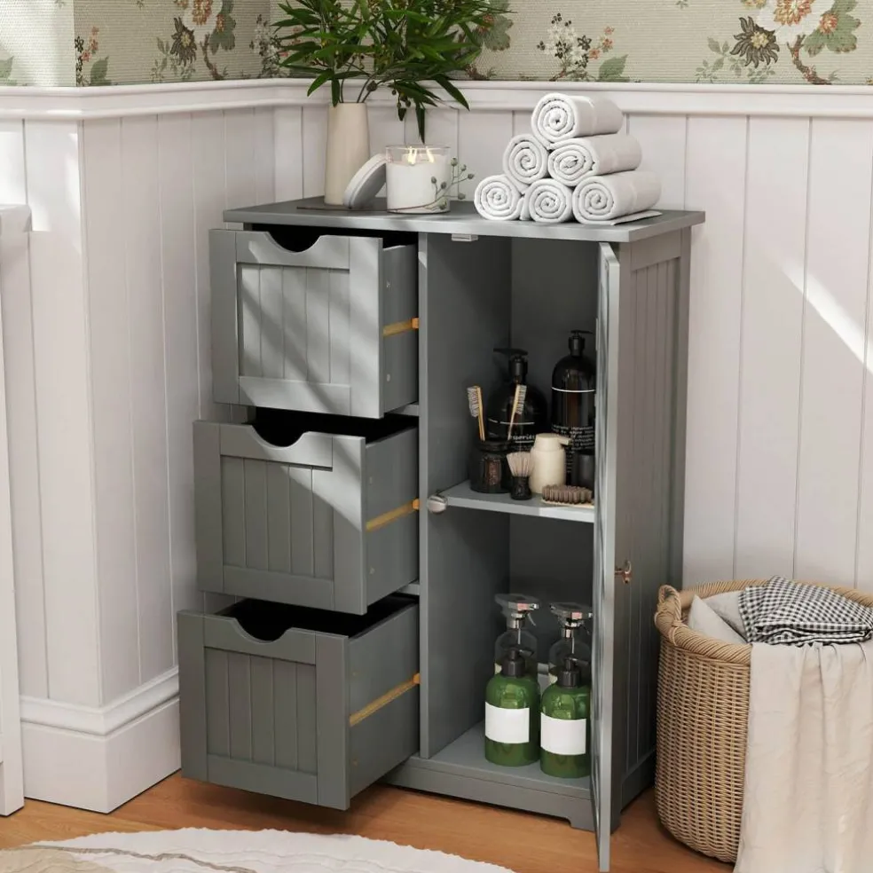 Costway Bathroom Floor Cabinet Side Storage Cabinet with 3 Drawers and 1 Cupboard Grey Black