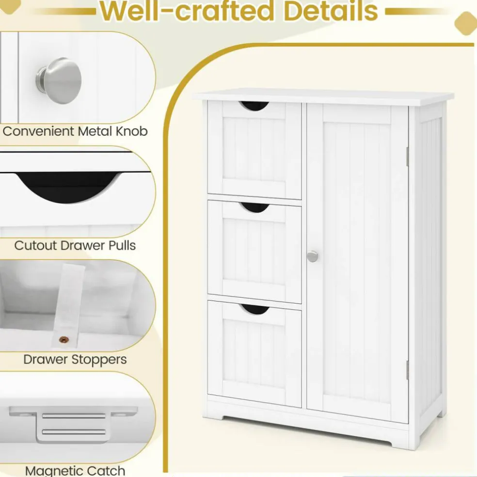 Costway Bathroom Floor Cabinet Side Storage Cabinet with 3 Drawers and 1 Cupboard Grey Black
