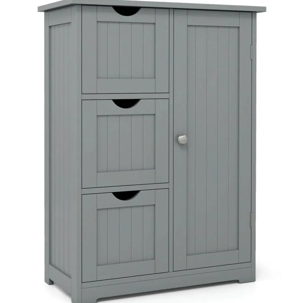 Costway Bathroom Floor Cabinet Side Storage Cabinet with 3 Drawers and 1 Cupboard Grey Black