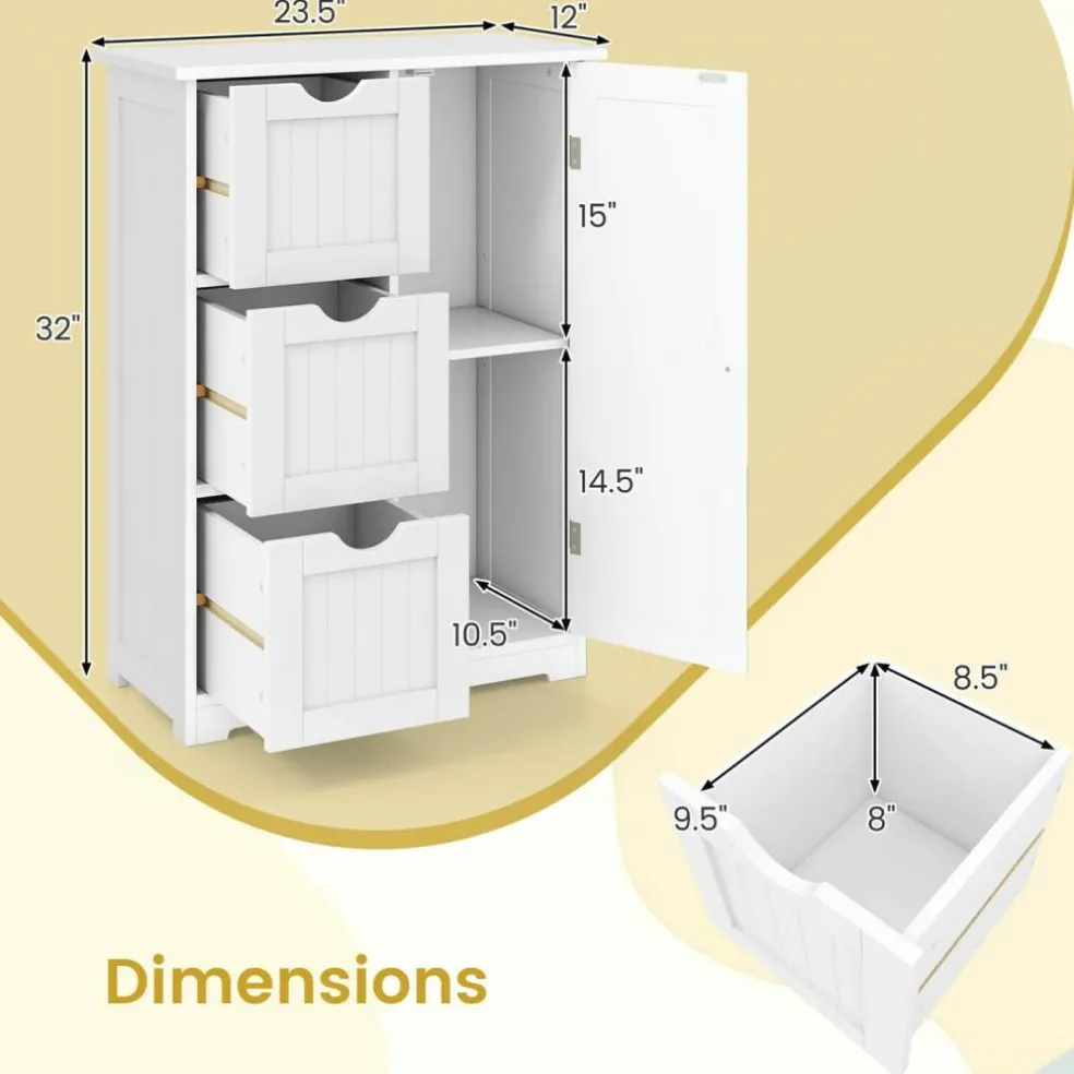 Costway Bathroom Floor Cabinet Side Storage Cabinet with 3 Drawers and 1 Cupboard Grey Black