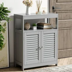 Costway Bathroom Floor Cabinet Storage Organizer with Open Shelf & Double Shutter Door Grey/White