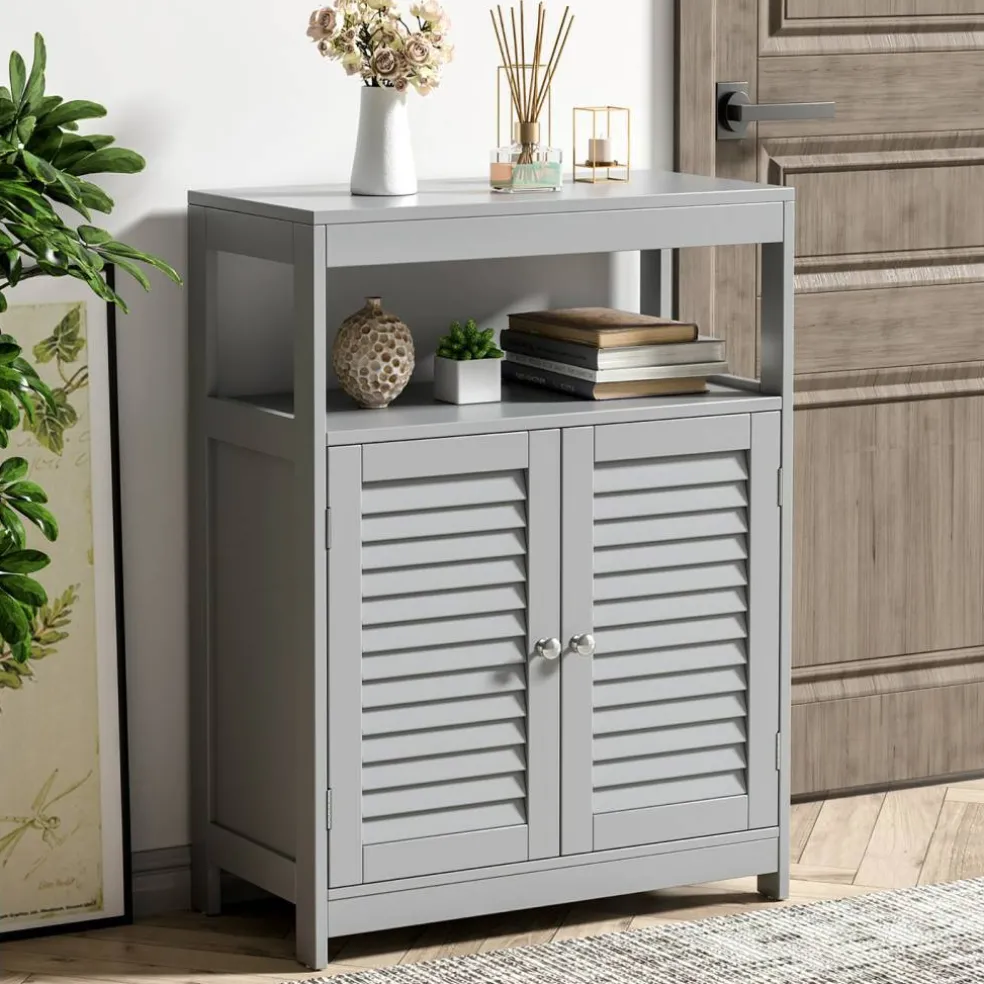 Costway Bathroom Floor Cabinet Storage Organizer with Open Shelf & Double Shutter Door Grey/White