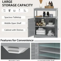 Costway Bathroom Floor Cabinet Storage Organizer with Open Shelf & Double Shutter Door Grey/White
